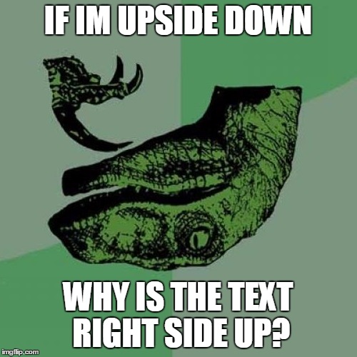 Philosoraptor Meme | IF IM UPSIDE DOWN; WHY IS THE TEXT RIGHT SIDE UP? | image tagged in memes,philosoraptor | made w/ Imgflip meme maker