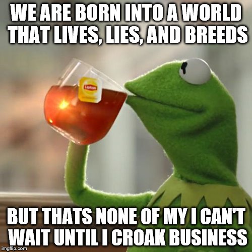 But That's None Of My Business Meme | WE ARE BORN INTO A WORLD THAT LIVES, LIES, AND BREEDS; BUT THATS NONE OF MY I CAN'T WAIT UNTIL I CROAK BUSINESS | image tagged in memes,but thats none of my business,kermit the frog | made w/ Imgflip meme maker