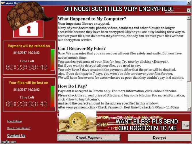 Oh noes! This meme has been encrypted! | OH NOES! SUCH FILES VERY ENCRYPTED! WANT FILES? PLS SEND 300 DOGECOIN TO ME | image tagged in wannacry,scumbag,ransomware,dogecoin | made w/ Imgflip meme maker