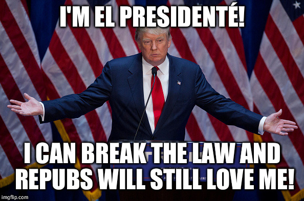 Donald Trump | I'M EL PRESIDENTÉ! I CAN BREAK THE LAW AND REPUBS WILL STILL LOVE ME! | image tagged in donald trump | made w/ Imgflip meme maker