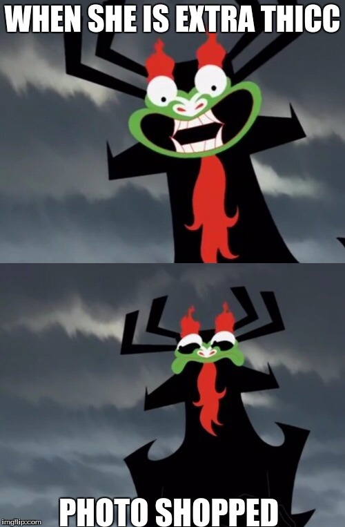 Dissatisfied Aku | WHEN SHE IS EXTRA THICC; PHOTO SHOPPED | image tagged in dissatisfied aku | made w/ Imgflip meme maker
