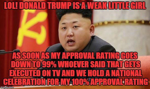 Kim Jong Un | LOL! DONALD TRUMP IS A WEAK LITTLE GIRL AS SOON AS MY APPROVAL RATING GOES DOWN TO 99% WHOEVER SAID THAT GETS EXECUTED ON TV AND WE HOLD A N | image tagged in kim jong un | made w/ Imgflip meme maker