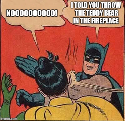 Batman Slapping Robin | NOOOOOOOOOO! I TOLD YOU THROW THE TEDDY BEAR IN THE FIREPLACE | image tagged in memes,batman slapping robin | made w/ Imgflip meme maker