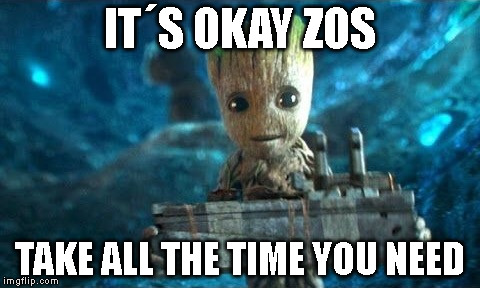Baby Groot Happy  | IT´S OKAY ZOS; TAKE ALL THE TIME YOU NEED | image tagged in baby groot happy | made w/ Imgflip meme maker
