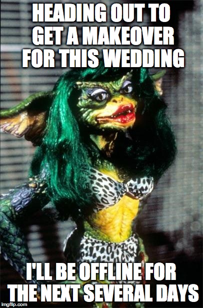 Bye Felicia  | HEADING OUT TO GET A MAKEOVER FOR THIS WEDDING; I'LL BE OFFLINE FOR THE NEXT SEVERAL DAYS | image tagged in bye felicia | made w/ Imgflip meme maker