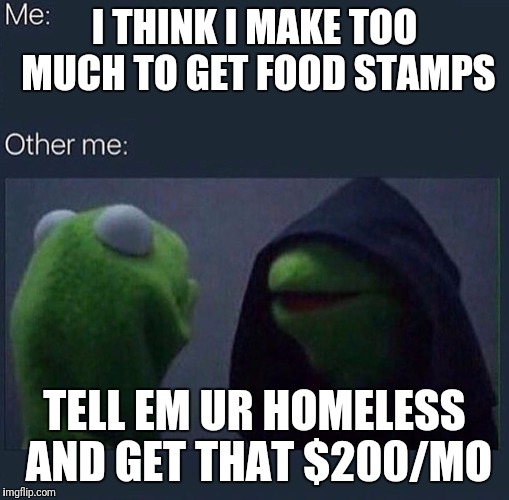Evil Kermit | I THINK I MAKE TOO MUCH TO GET FOOD STAMPS; TELL EM UR HOMELESS AND GET THAT $200/MO | image tagged in evil kermit | made w/ Imgflip meme maker