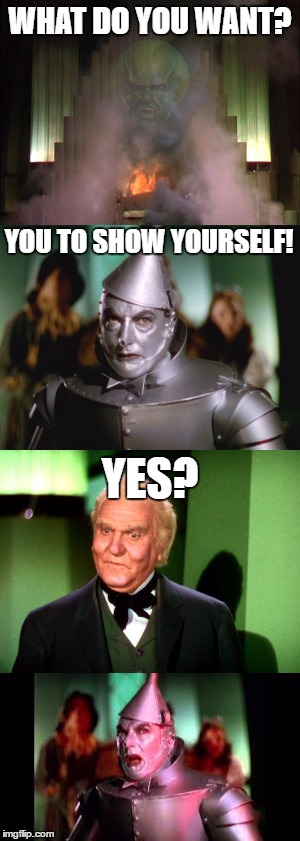 Wizard Reviled! | WHAT DO YOU WANT? YOU TO SHOW YOURSELF! YES? | image tagged in wizard of oz | made w/ Imgflip meme maker