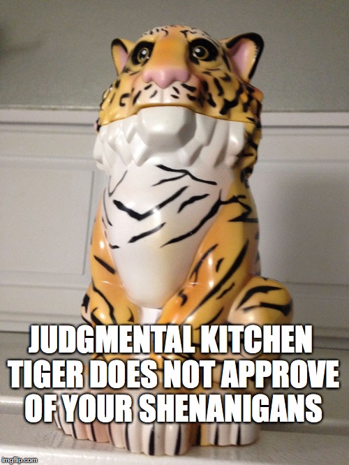 Judgmental Kitchen Tiger | JUDGMENTAL KITCHEN TIGER DOES NOT APPROVE OF YOUR SHENANIGANS | image tagged in judgmental kitchen tiger | made w/ Imgflip meme maker