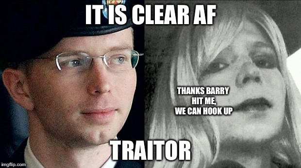 chelsea manning | IT IS CLEAR AF; THANKS BARRY HIT ME, WE CAN HOOK UP; TRAITOR | image tagged in chelsea manning | made w/ Imgflip meme maker