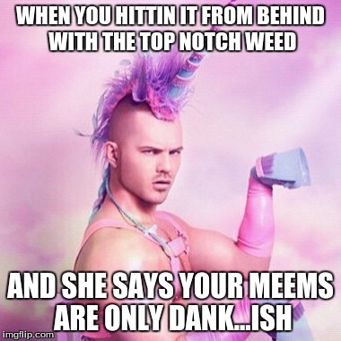 Unicorn MAN Meme | WHEN YOU HITTIN IT FROM BEHIND WITH THE TOP NOTCH WEED; AND SHE SAYS YOUR MEEMS ARE ONLY DANK...ISH | image tagged in memes,unicorn man | made w/ Imgflip meme maker