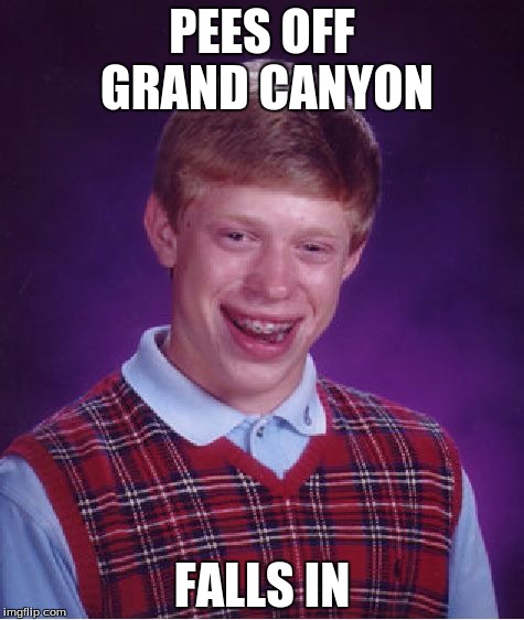 Bad Luck Brian | PEES OFF GRAND CANYON; FALLS IN | image tagged in memes,bad luck brian | made w/ Imgflip meme maker