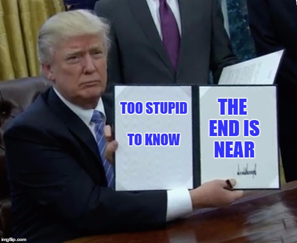 Trump Bill Signing Meme | THE END IS NEAR; TOO STUPID TO KNOW | image tagged in trump bill signing | made w/ Imgflip meme maker
