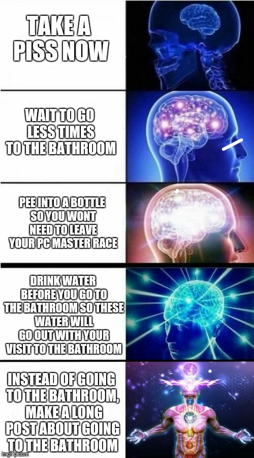 Expanding Brain Meme | TAKE A PISS NOW; WAIT TO GO LESS TIMES TO THE BATHROOM; PEE INTO A BOTTLE SO YOU WONT NEED TO LEAVE YOUR PC MASTER RACE; DRINK WATER BEFORE YOU GO TO THE BATHROOM SO THESE WATER WILL GO OUT WITH YOUR VISIT TO THE BATHROOM; INSTEAD OF GOING TO THE BATHROOM,  MAKE A LONG POST ABOUT GOING TO THE BATHROOM | image tagged in expanding brain meme | made w/ Imgflip meme maker