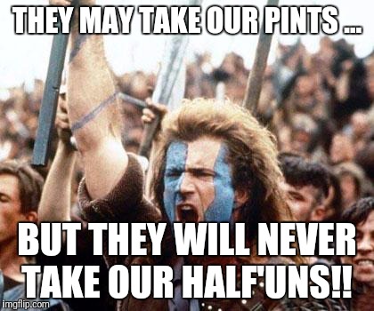 braveheart freedom | THEY MAY TAKE OUR PINTS ... BUT THEY WILL NEVER TAKE OUR HALF'UNS!! | image tagged in braveheart freedom | made w/ Imgflip meme maker