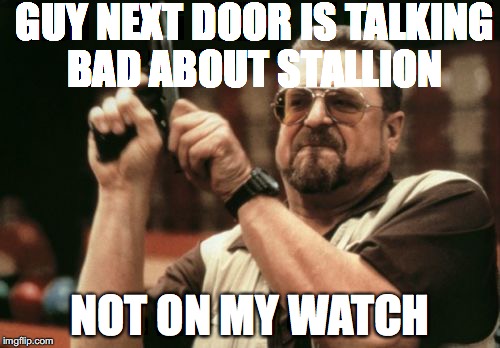 Am I The Only One Around Here | GUY NEXT DOOR IS TALKING BAD ABOUT STALLION; NOT ON MY WATCH | image tagged in memes,am i the only one around here | made w/ Imgflip meme maker