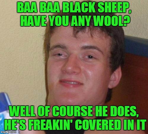10 Guy nursery rhyme #4 | BAA BAA BLACK SHEEP, HAVE YOU ANY WOOL? WELL OF COURSE HE DOES, HE'S FREAKIN' COVERED IN IT | image tagged in memes,10 guy,10 guy nursery rhyme,nursery rhymes | made w/ Imgflip meme maker