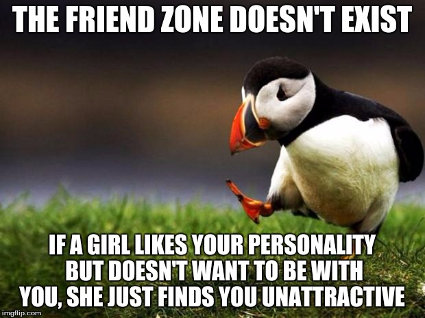 Unpopular Opinion Puffin | THE FRIEND ZONE DOESN'T EXIST; IF A GIRL LIKES YOUR PERSONALITY BUT DOESN'T WANT TO BE WITH YOU, SHE JUST FINDS YOU UNATTRACTIVE | image tagged in memes,unpopular opinion puffin | made w/ Imgflip meme maker