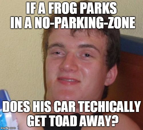 Really huy gie | IF A FROG PARKS IN A NO-PARKING-ZONE; DOES HIS CAR TECHICALLY GET TOAD AWAY? | image tagged in memes,10 guy | made w/ Imgflip meme maker