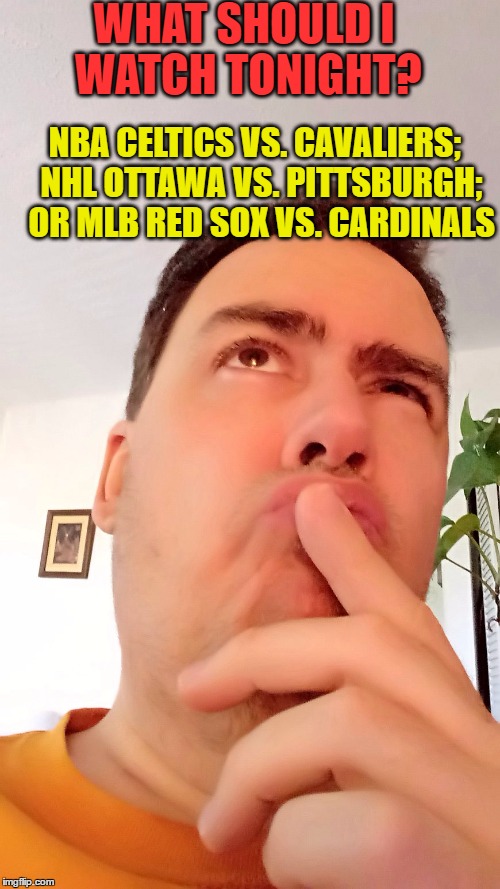 Decisions,  Decisions | WHAT SHOULD I WATCH TONIGHT? NBA CELTICS VS. CAVALIERS;  NHL OTTAWA VS. PITTSBURGH;  OR MLB RED SOX VS. CARDINALS | image tagged in decisions,sports | made w/ Imgflip meme maker