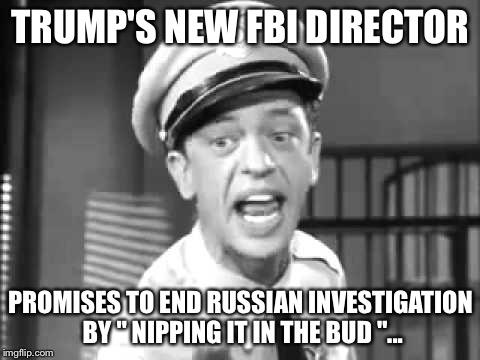Barney Fife | TRUMP'S NEW FBI DIRECTOR; PROMISES TO END RUSSIAN INVESTIGATION BY " NIPPING IT IN THE BUD "... | image tagged in barney fife | made w/ Imgflip meme maker