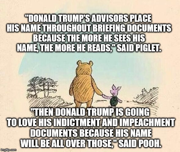 Pooh and Piglet | "DONALD TRUMP'S ADVISORS PLACE HIS NAME THROUGHOUT BRIEFING DOCUMENTS BECAUSE THE MORE HE SEES HIS NAME, THE MORE HE READS," SAID PIGLET. "THEN DONALD TRUMP IS GOING TO LOVE HIS INDICTMENT AND IMPEACHMENT DOCUMENTS BECAUSE HIS NAME WILL BE ALL OVER THOSE," SAID POOH. | image tagged in pooh and piglet | made w/ Imgflip meme maker