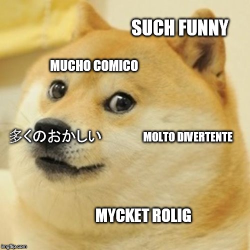 Doge | SUCH FUNNY; MUCHO COMICO; MOLTO DIVERTENTE; 多くのおかしい; MYCKET ROLIG | image tagged in memes,doge | made w/ Imgflip meme maker