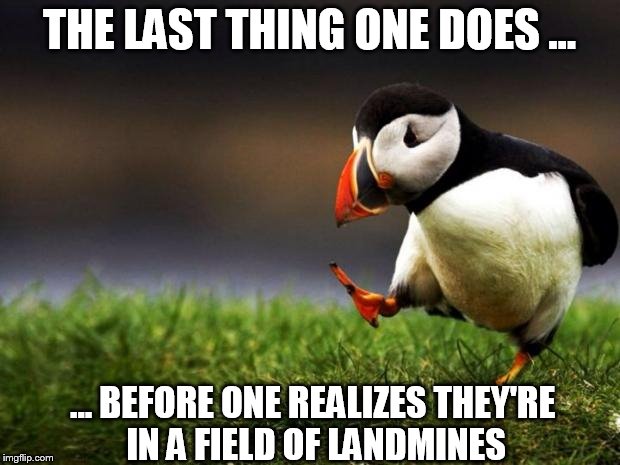 Always Watch Your Step... | THE LAST THING ONE DOES ... ... BEFORE ONE REALIZES THEY'RE IN A FIELD OF LANDMINES | image tagged in memes,unpopular opinion puffin,last thing,landmine,puffin go boom | made w/ Imgflip meme maker
