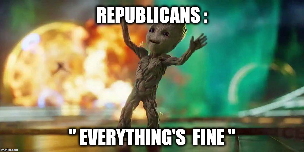remain calm | REPUBLICANS :; " EVERYTHING'S  FINE " | image tagged in groot,baby groot,memes,funny,funny memes | made w/ Imgflip meme maker