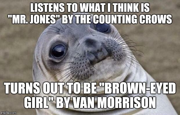 Well, I thought both songs sounded a tad similar. How about you? | LISTENS TO WHAT I THINK IS "MR. JONES" BY THE COUNTING CROWS; TURNS OUT TO BE "BROWN-EYED GIRL" BY VAN MORRISON | image tagged in memes,awkward moment sealion,songs,mistaken song,counting crows,van morrison | made w/ Imgflip meme maker