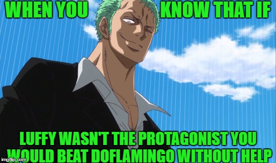WHEN YOU                    KNOW THAT IF; LUFFY WASN'T THE PROTAGONIST YOU WOULD BEAT DOFLAMINGO WITHOUT HELP | image tagged in onepiece,roronoazoro | made w/ Imgflip meme maker