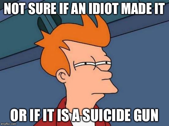 Futurama Fry Meme | NOT SURE IF AN IDIOT MADE IT OR IF IT IS A SUICIDE GUN | image tagged in memes,futurama fry | made w/ Imgflip meme maker