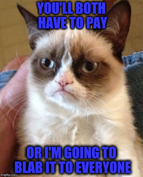 Grumpy Cat Meme | YOU'LL BOTH HAVE TO PAY OR I'M GOING TO BLAB IT TO EVERYONE | image tagged in memes,grumpy cat | made w/ Imgflip meme maker