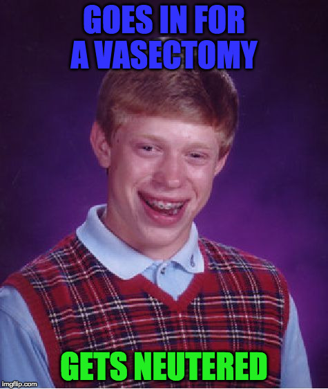 Bad Luck Brian Meme | GOES IN FOR A VASECTOMY GETS NEUTERED | image tagged in memes,bad luck brian | made w/ Imgflip meme maker