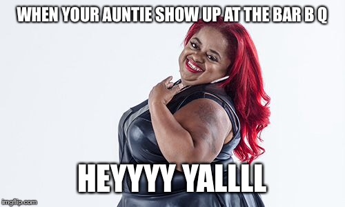 WHEN YOUR AUNTIE SHOW UP AT THE BAR B Q; HEYYYY YALLLL | image tagged in memes | made w/ Imgflip meme maker