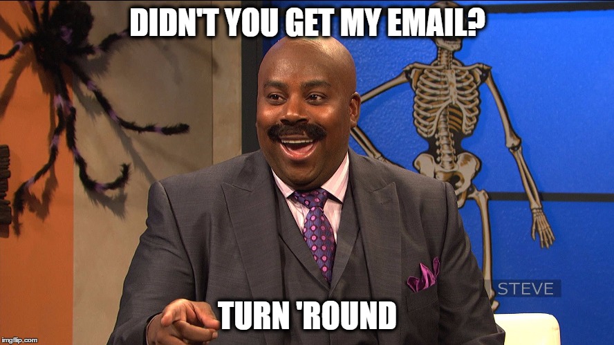 'turn round playa | DIDN'T YOU GET MY EMAIL? TURN 'ROUND | image tagged in steve harvey | made w/ Imgflip meme maker