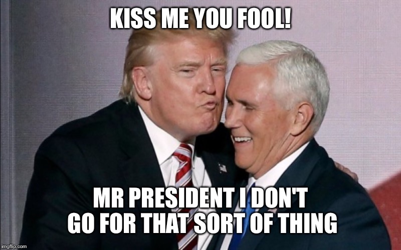 KISS ME YOU FOOL! MR PRESIDENT I DON'T GO FOR THAT SORT OF THING | image tagged in trump kissing pence,donald trump,mike pence,kiss | made w/ Imgflip meme maker