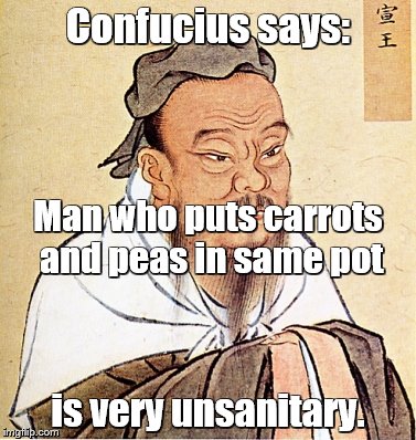 Confucius Says | Confucius says:; Man who puts carrots and peas in same pot; is very unsanitary. | image tagged in confucius says,bad puns | made w/ Imgflip meme maker