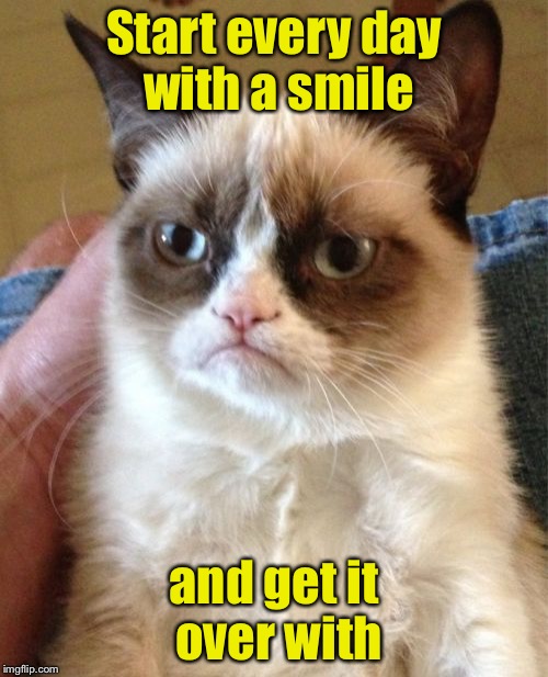 Grumpy Cat | Start every day with a smile; and get it over with | image tagged in memes,grumpy cat | made w/ Imgflip meme maker
