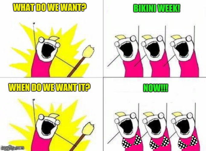 Not sure if this is NSFW | BIKINI WEEK! WHAT DO WE WANT? NOW!!! WHEN DO WE WANT IT? | image tagged in x all the y,bikini week | made w/ Imgflip meme maker