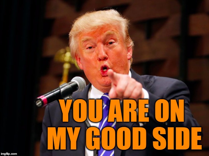 trump point | YOU ARE ON MY GOOD SIDE | image tagged in trump point | made w/ Imgflip meme maker