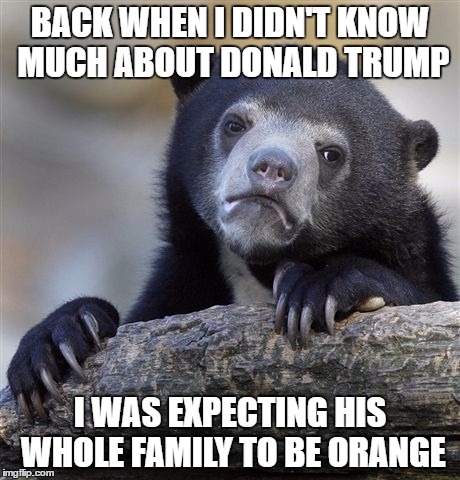Confession Bear Meme | BACK WHEN I DIDN'T KNOW MUCH ABOUT DONALD TRUMP; I WAS EXPECTING HIS WHOLE FAMILY TO BE ORANGE | image tagged in memes,confession bear | made w/ Imgflip meme maker