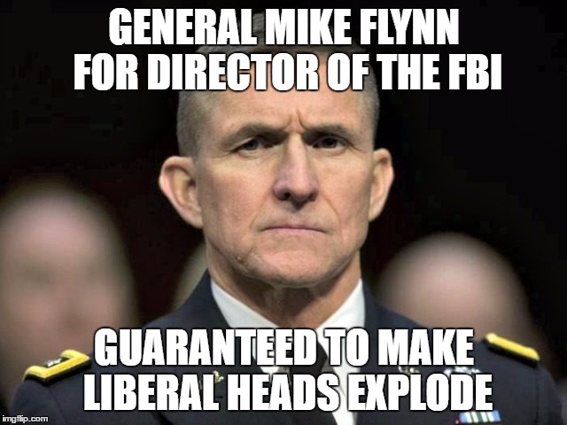 GENERAL MIKE FLYNN FOR DIRECTOR OF THE FBI; GUARANTEED TO MAKE LIBERAL HEADS EXPLODE | image tagged in general mike flynn | made w/ Imgflip meme maker