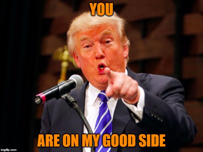 trump point | YOU ARE ON MY GOOD SIDE | image tagged in trump point | made w/ Imgflip meme maker