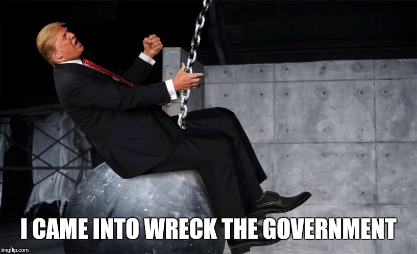 I CAME INTO WRECK THE GOVERNMENT | image tagged in donald trump wrecking ball | made w/ Imgflip meme maker