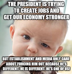 Skeptical Baby Meme | THE PRESIDENT IS TRYING TO CREATE JOBS AND GET OUR ECONOMY STRONGER; BUT ESTABLISHMENT AND MEDIA ONLY CARE ABOUT FORCING HIM OUT BECAUSE HE'S DIFFERENT. HE IS DIFFERENT. HE'S ONE OF US! | image tagged in memes,skeptical baby | made w/ Imgflip meme maker