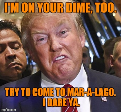 I'M ON YOUR DIME, TOO. TRY TO COME TO MAR-A-LAGO. I DARE YA. | made w/ Imgflip meme maker