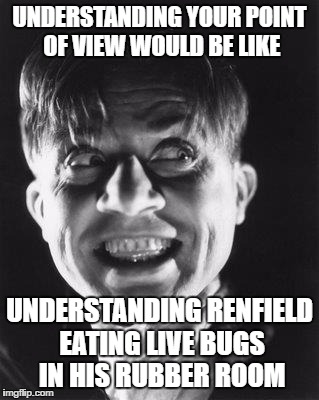 Renfield eats bugs | UNDERSTANDING YOUR POINT OF VIEW WOULD BE LIKE; UNDERSTANDING RENFIELD EATING LIVE BUGS IN HIS RUBBER ROOM | image tagged in crazy,renfield | made w/ Imgflip meme maker