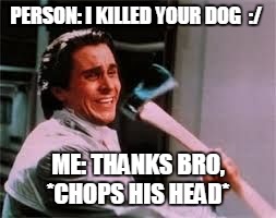 axe murder | PERSON: I KILLED YOUR DOG  :/; ME: THANKS BRO, *CHOPS HIS HEAD* | image tagged in axe murder | made w/ Imgflip meme maker