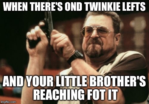 Dont fucking take My twinkie | WHEN THERE'S OND TWINKIE LEFTS; AND YOUR LITTLE BROTHER'S REACHING FOT IT | image tagged in relatable | made w/ Imgflip meme maker