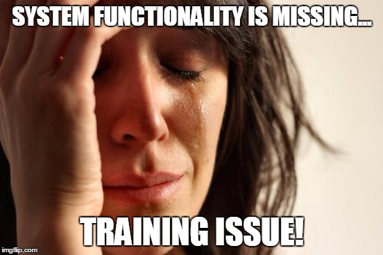 First World Problems | SYSTEM FUNCTIONALITY IS MISSING... TRAINING ISSUE! | image tagged in memes,first world problems | made w/ Imgflip meme maker